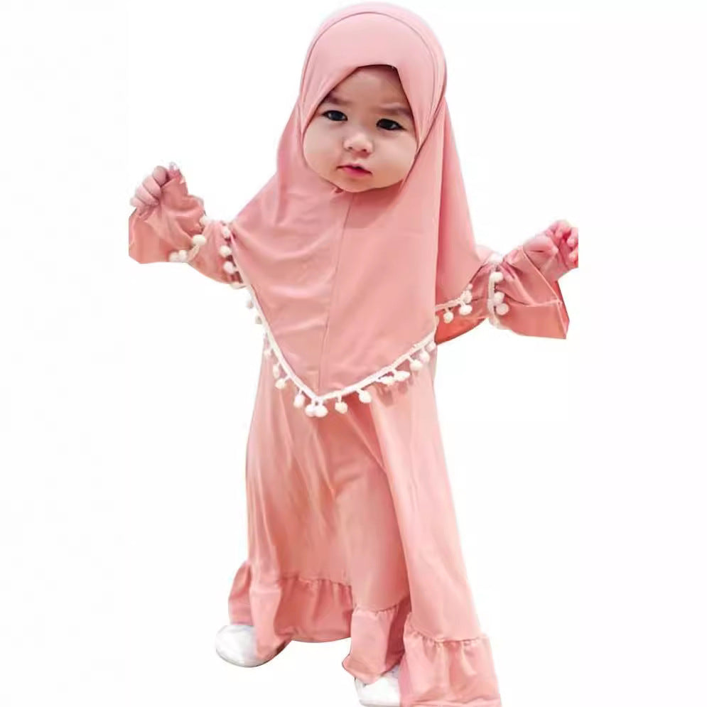Girls Dress & Hijab Set with Pom-Pom Trim(MKG028)