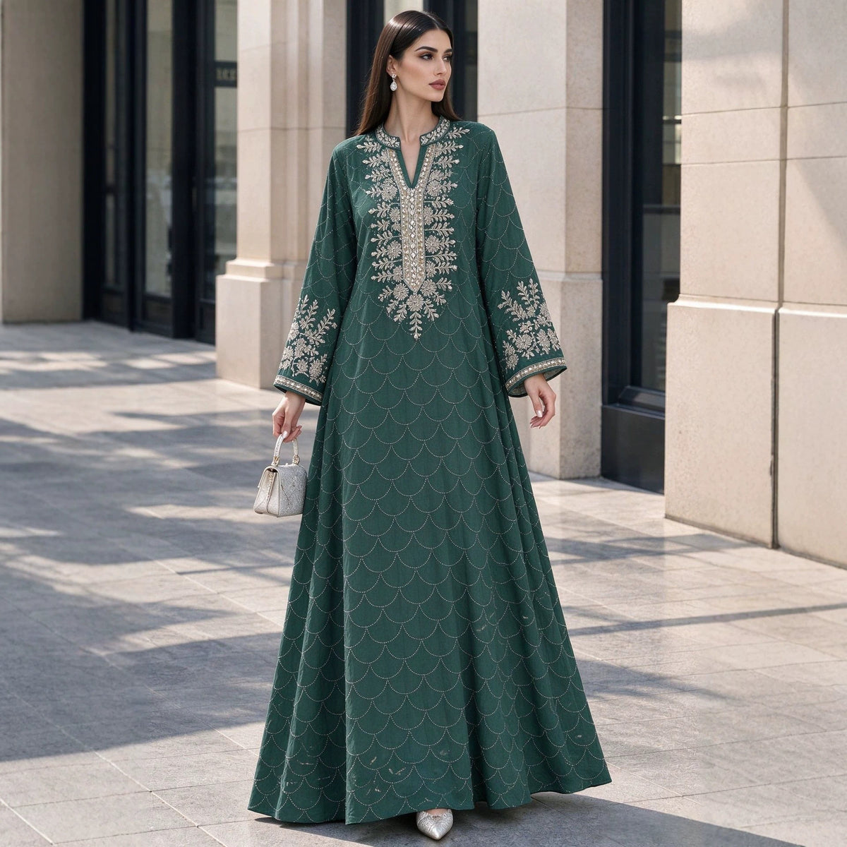 Embroidered Beaded Abaya Dress | Rhinestone-Embellished Modest Maxi Gown(MA476)