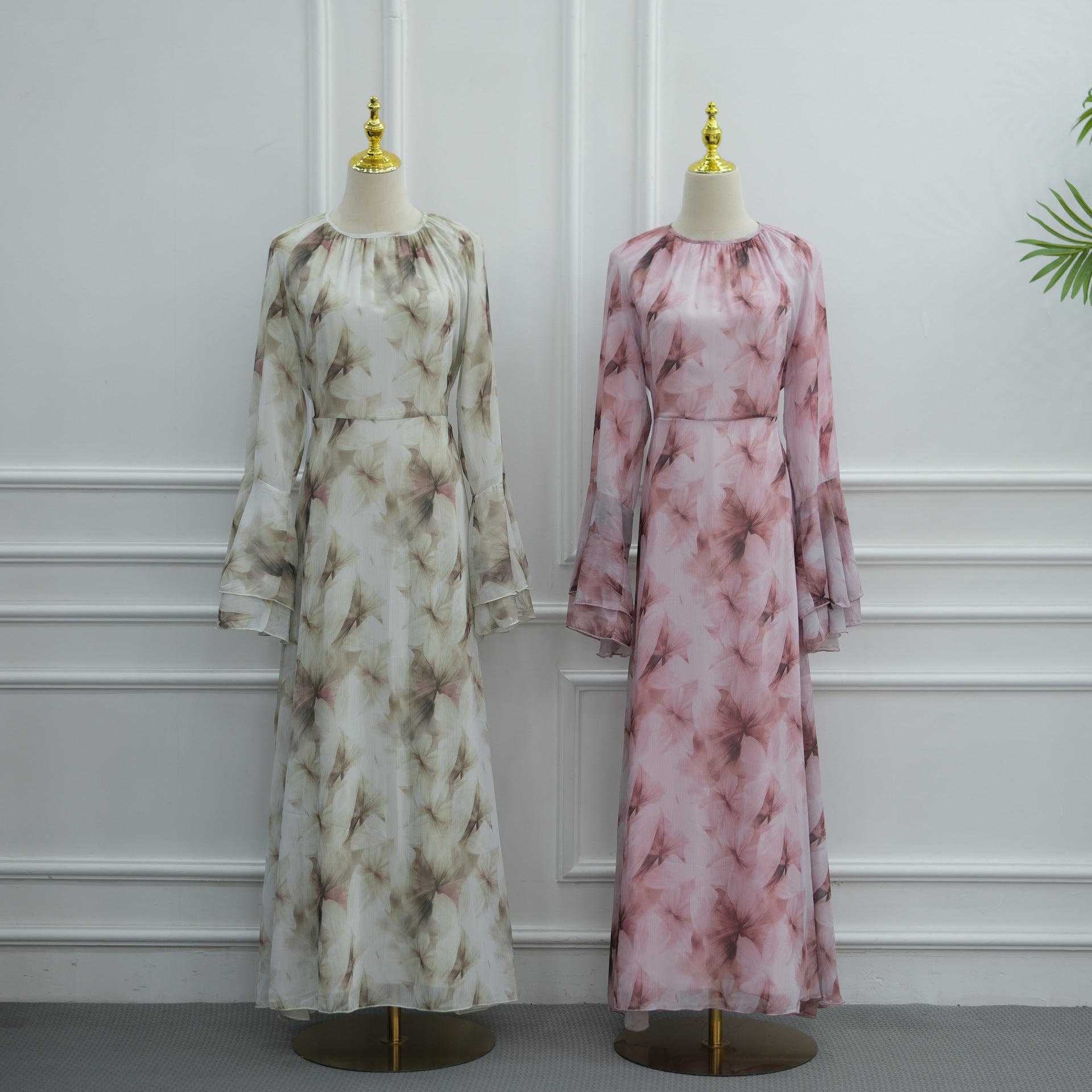 Watercolour Print Double-Layer Flared-Sleeve Maxi Dress(MA479)