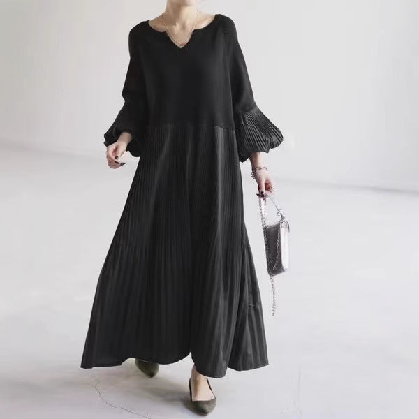 Pleated Knit Maxi Dress | Bubble Sleeve Mixed Media Sweater Dress(MS228)