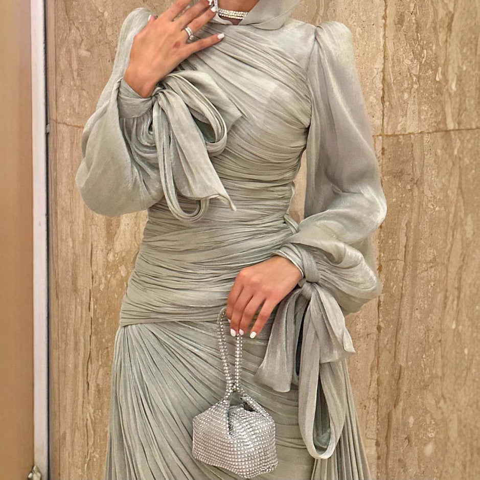 Ruched Evening Dress | Puff Sleeve Bodycon Maxi Dress(MS280)