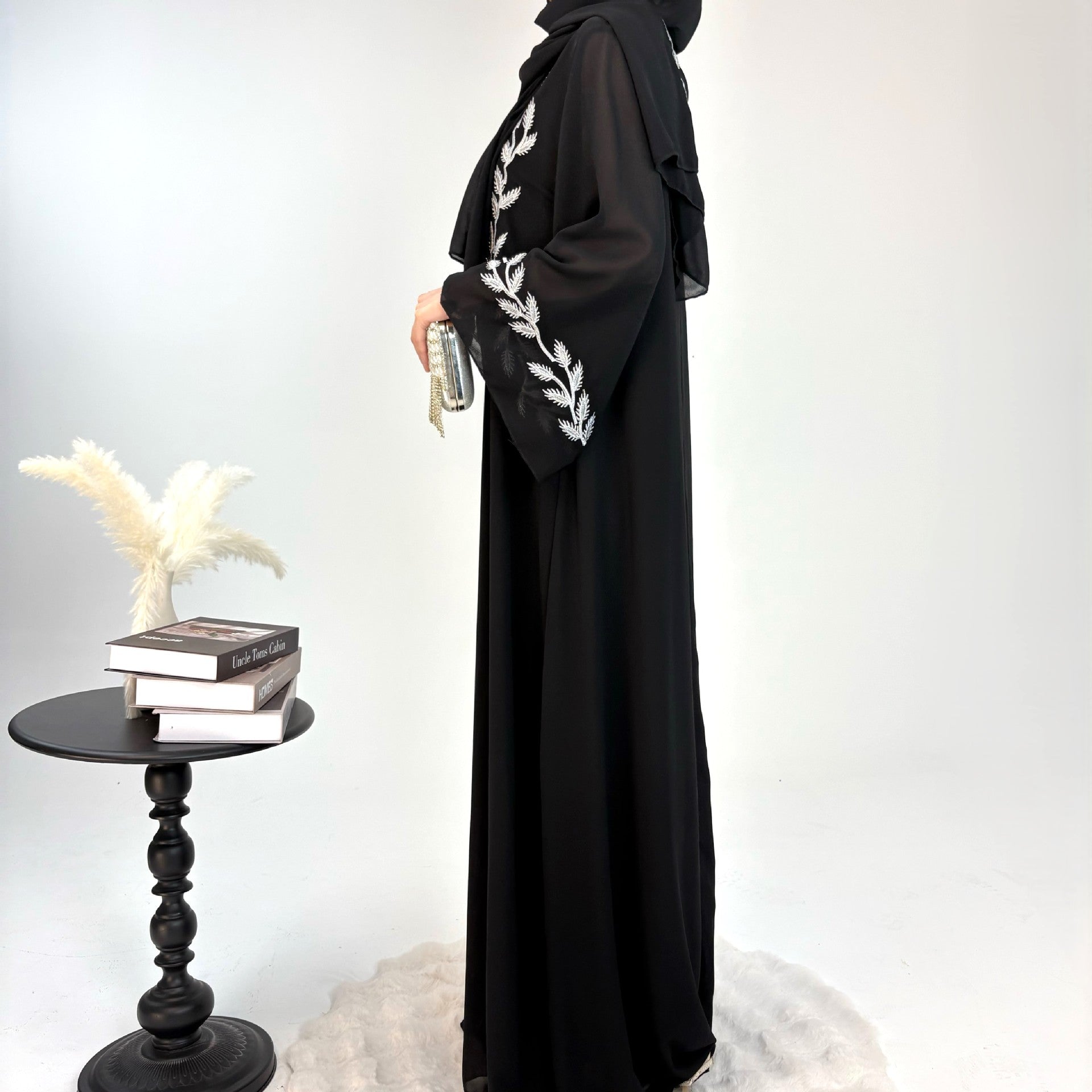 Embroidered Chiffon Bell Sleeve Pullover Maxi Dress Abaya with Matching Hijab 2-Piece Set(MA301)