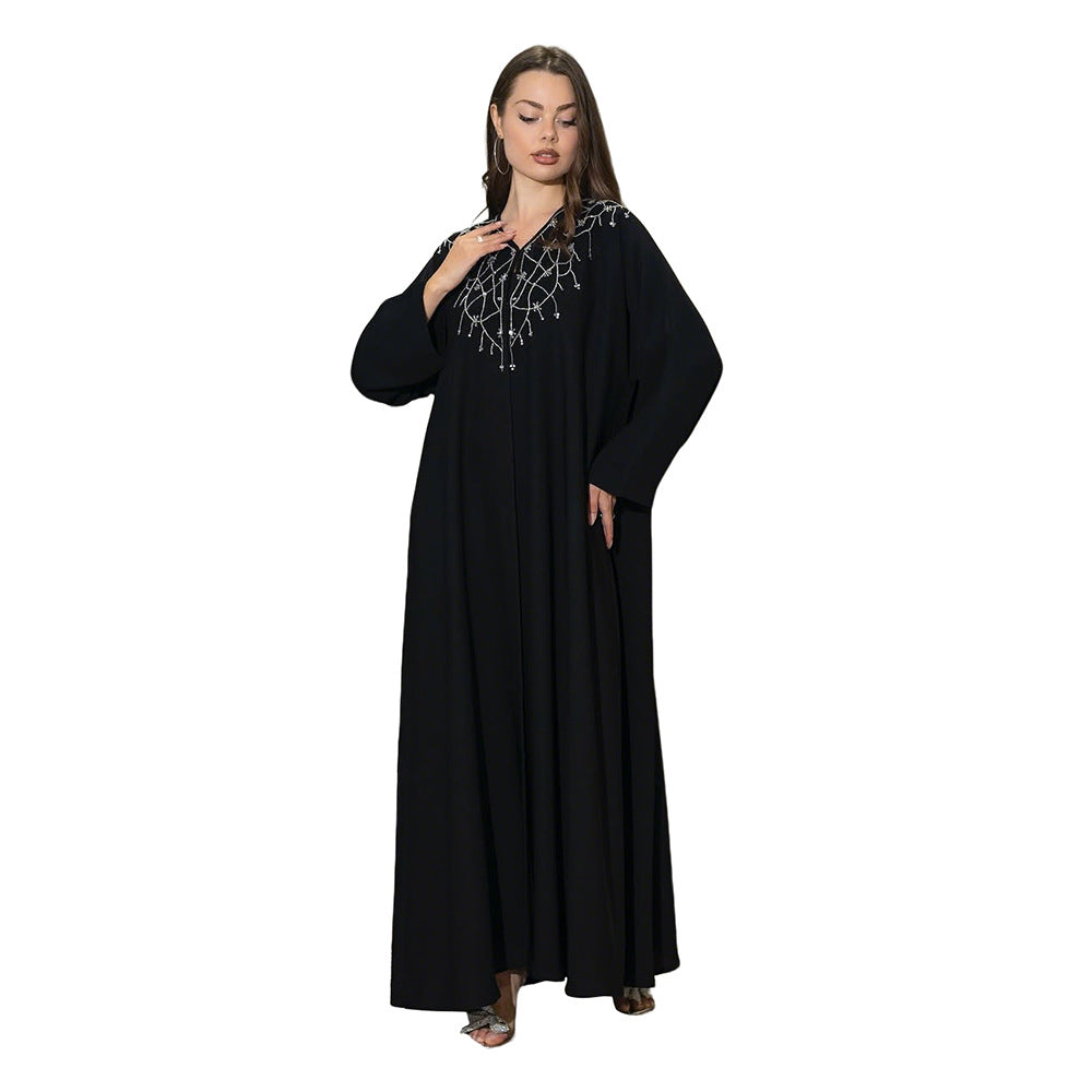 Modest Muslim Loose Fit Black Diamond Embellished V-Neck Abaya Dress(MOA)