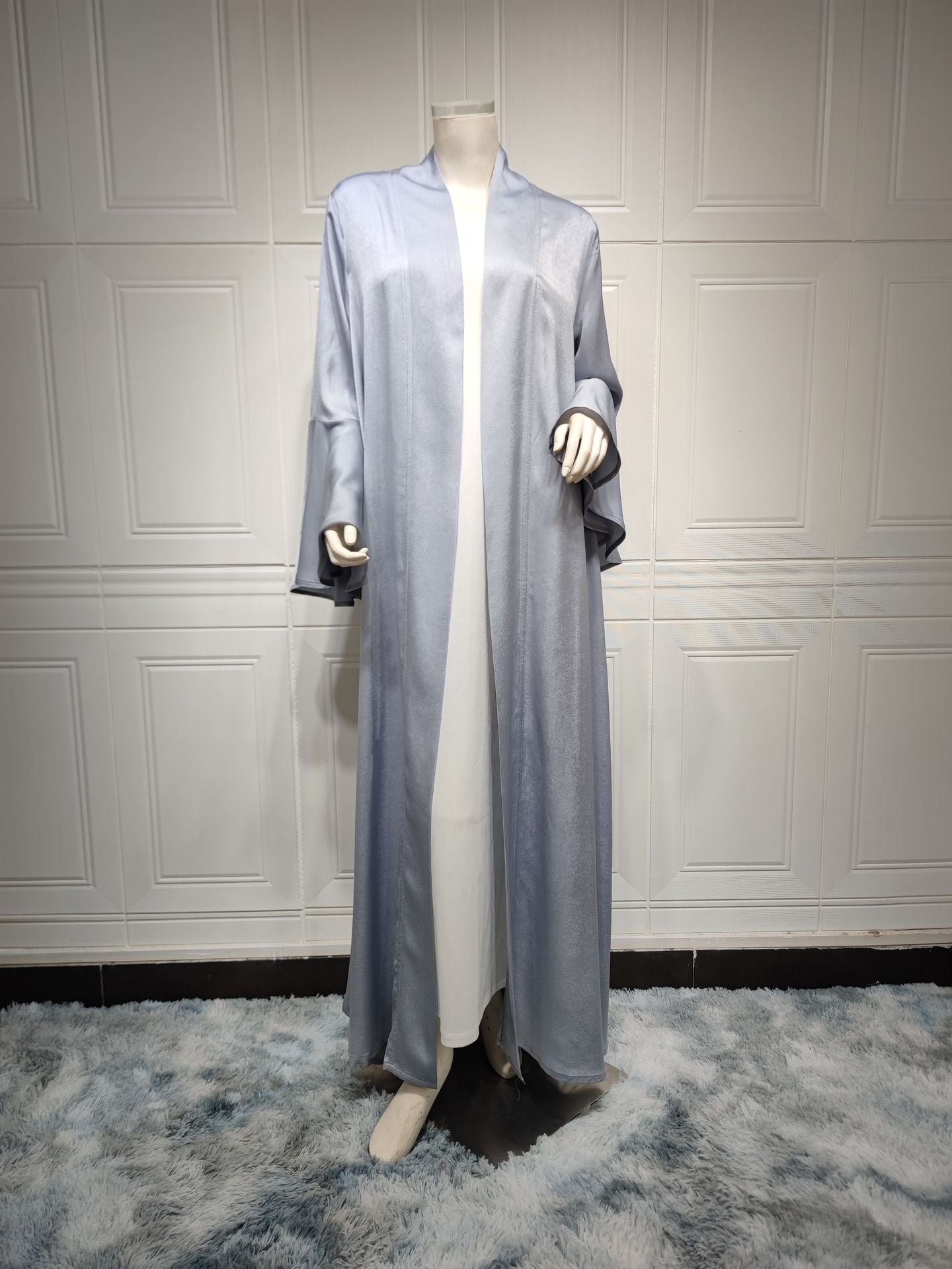 Lotus Leaf Sleeve Solid Soft Satin Open Front Abaya Dress | Lightweight Modest Abaya Cover(MOA220)