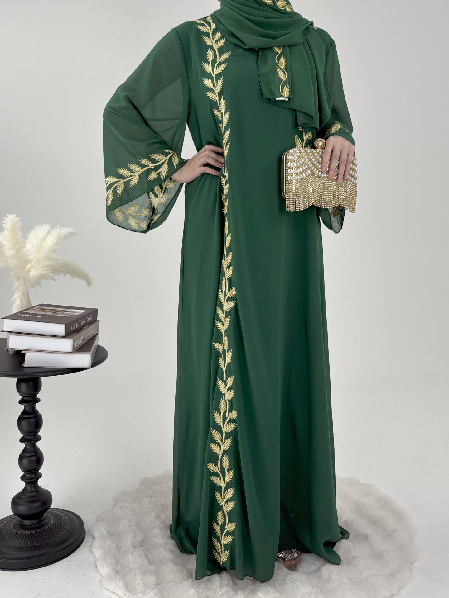 Embroidered Chiffon Bell Sleeve Pullover Maxi Dress Abaya with Matching Hijab 2-Piece Set(MA301)