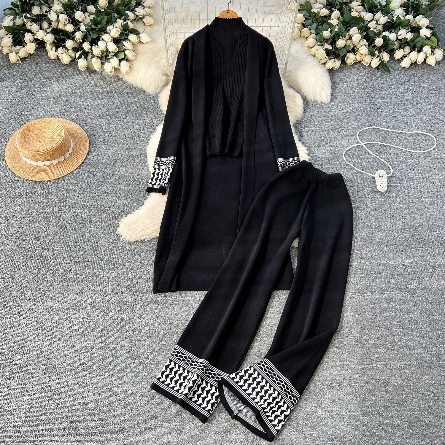 Geometric Jacquard-Trim Ribbed Knit 3-Piece Set(MS471)