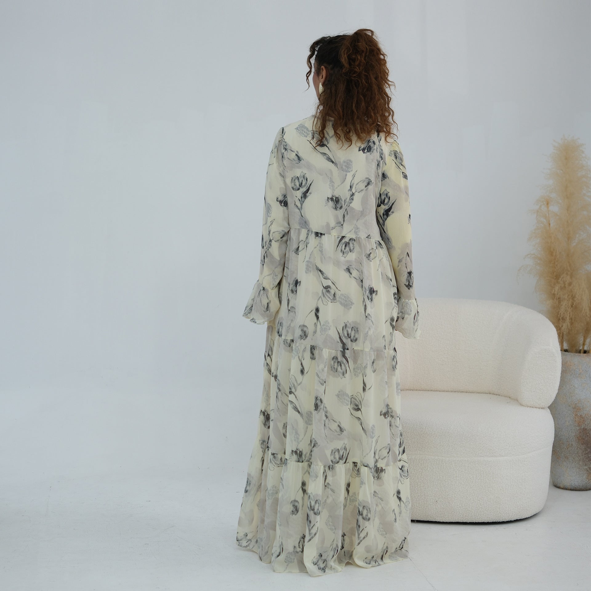 Chiffon Crinkle Flared Sleeve Tiered Open Abaya Set(MOA341)