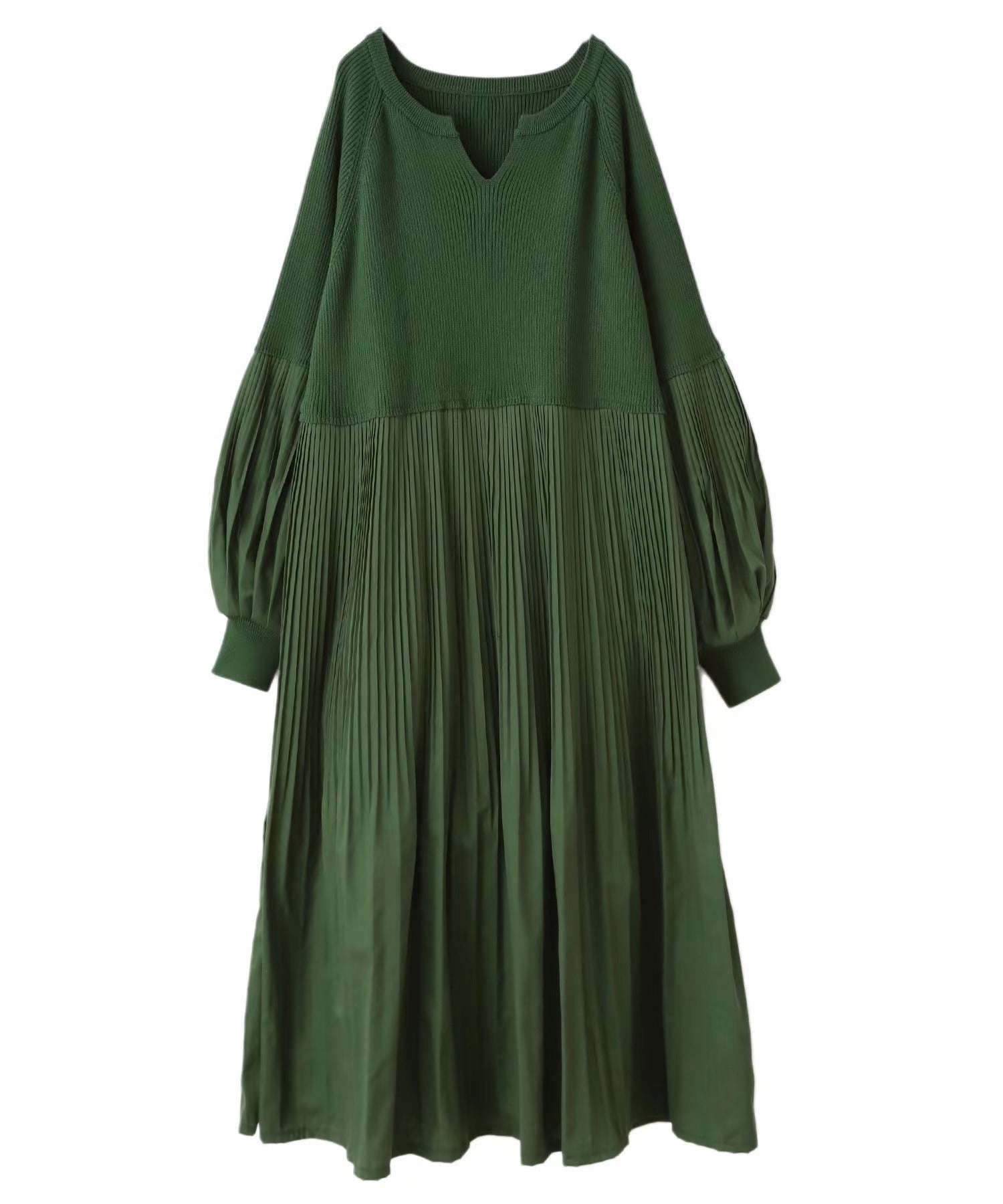 Pleated Knit Maxi Dress | Bubble Sleeve Mixed Media Sweater Dress(MS228)