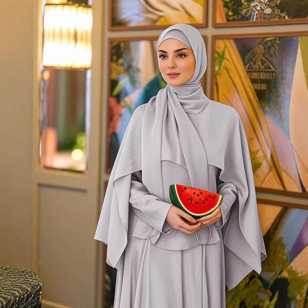 Ice Silk Crinkle Cape Set | 3-Piece Solid Color Abaya with Inner Dress & Belt(MA304)