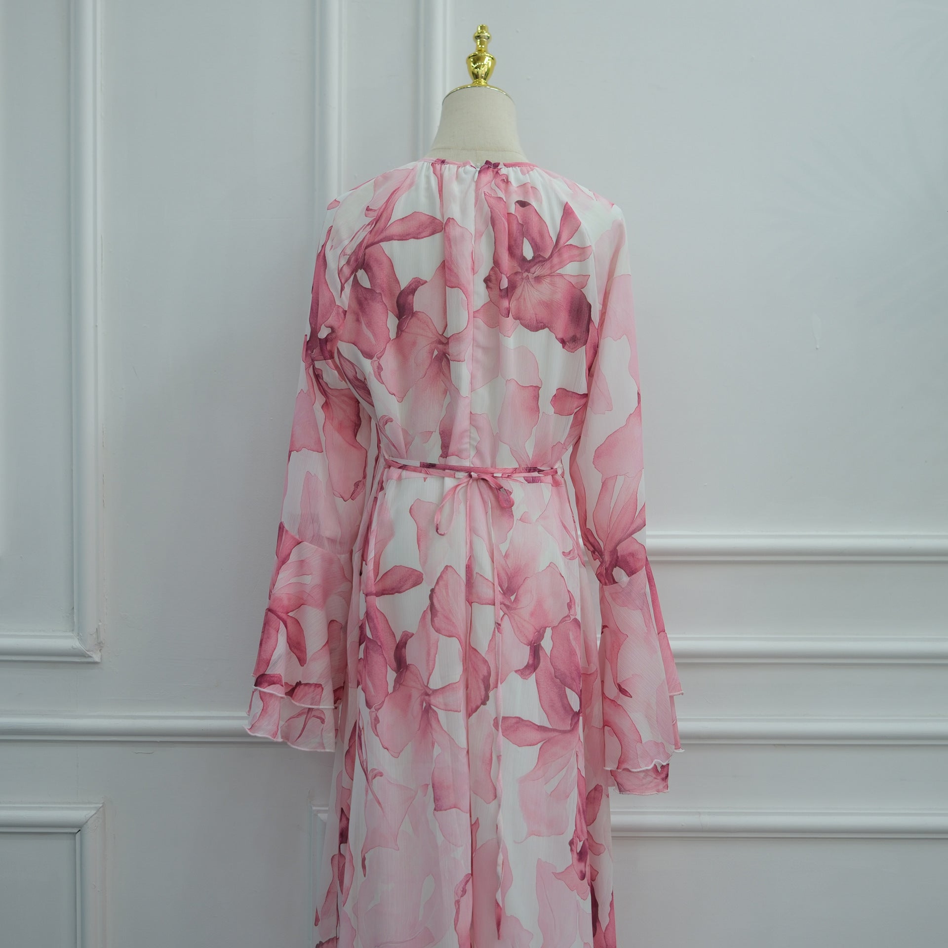 Watercolour Print Double-Layer Flared-Sleeve Maxi Dress(MA479)