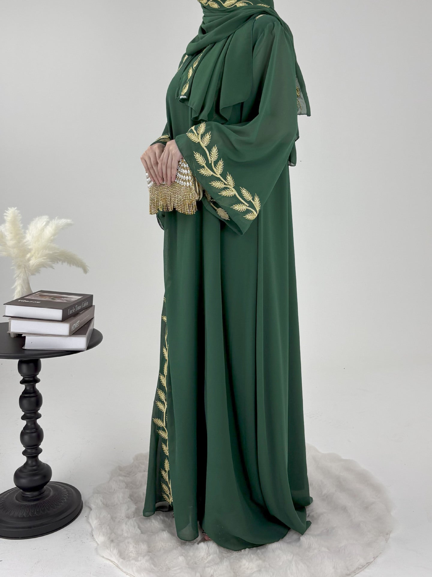 Embroidered Chiffon Bell Sleeve Pullover Maxi Dress Abaya with Matching Hijab 2-Piece Set(MA301)