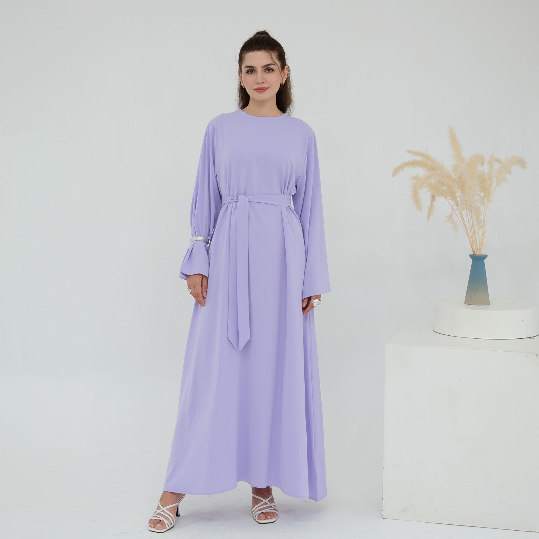 Solid Color Nida Abaya with Belt | A-Line Maxi Dress(MA359)