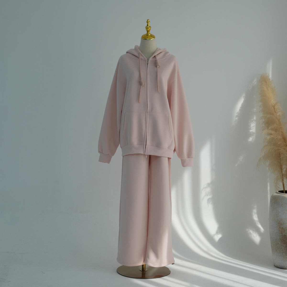 Zip-Up Hoodie & Wide-Leg Pants Set | Casual Modest Athleisure Two-Piece Outfit(MS595)