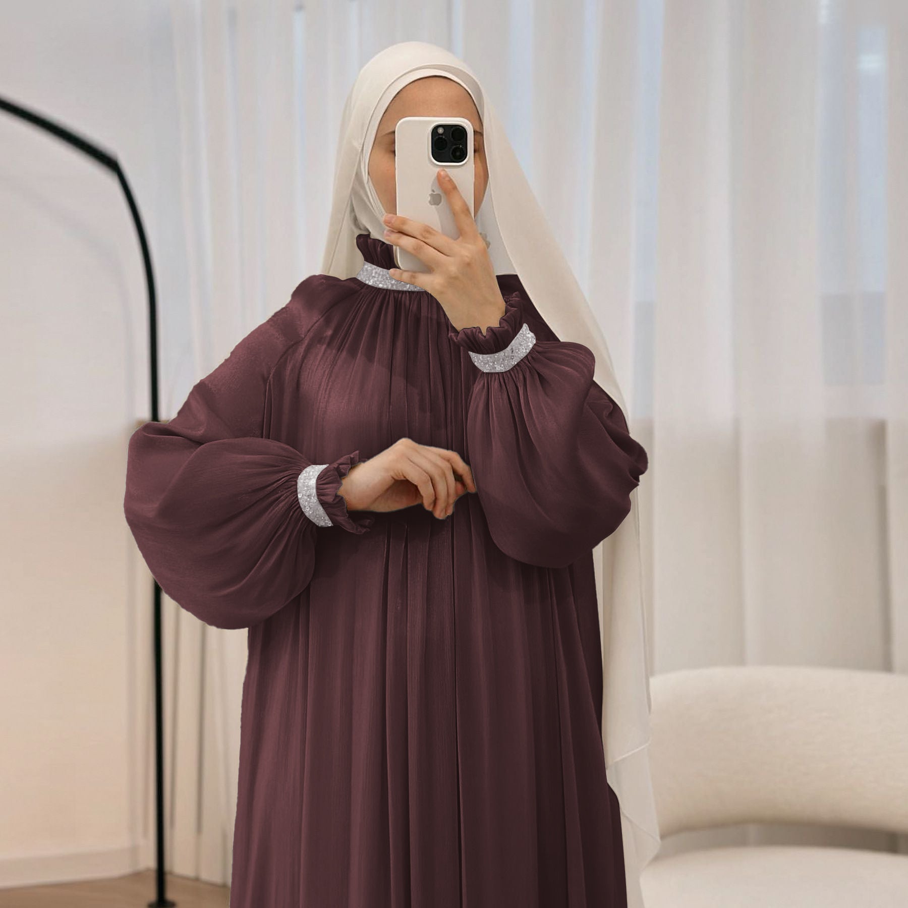 Elegant Glossy Flower Cuff Sequinned Abaya (MA140)
