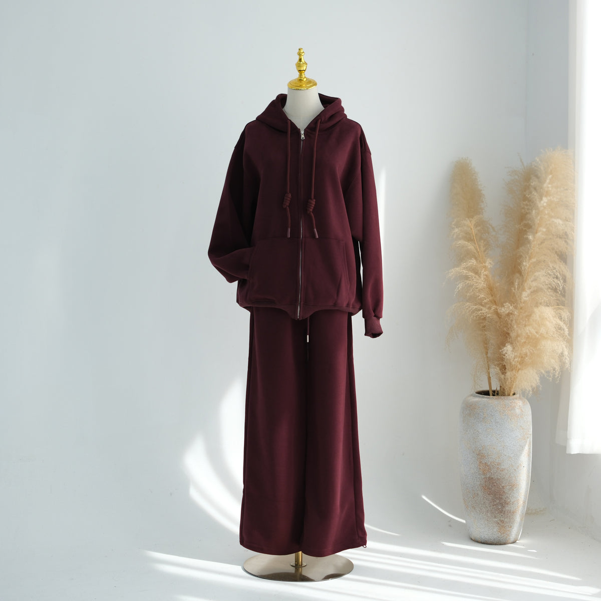Zip-Up Hoodie & Wide-Leg Pants Set | Casual Modest Athleisure Two-Piece Outfit(MS595)