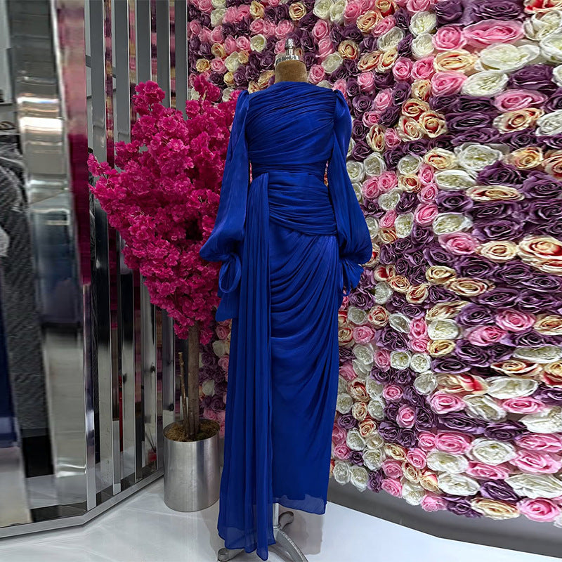 Ruched Evening Dress | Puff Sleeve Bodycon Maxi Dress(MS280)