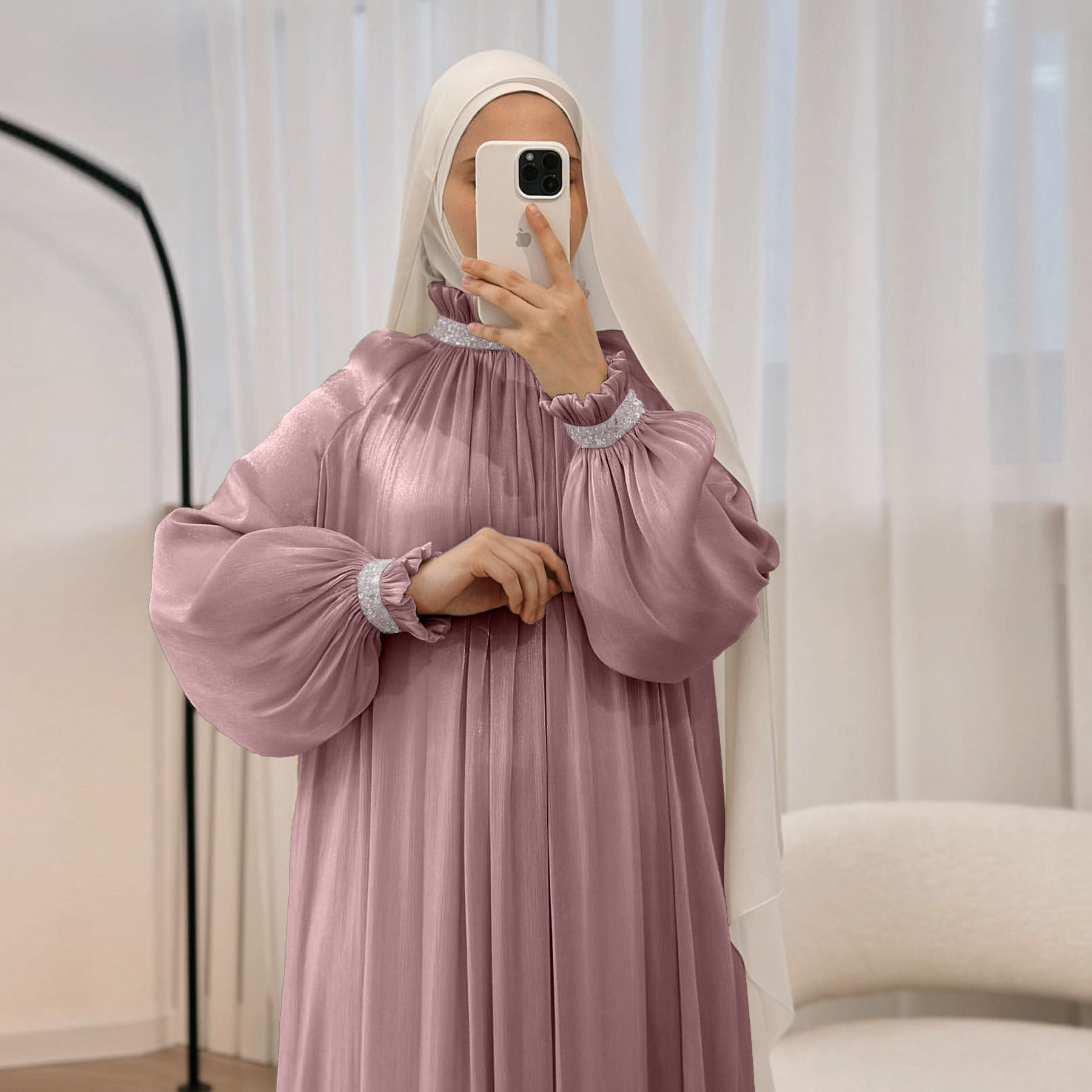 Elegant Glossy Flower Cuff Sequinned Abaya (MA140)
