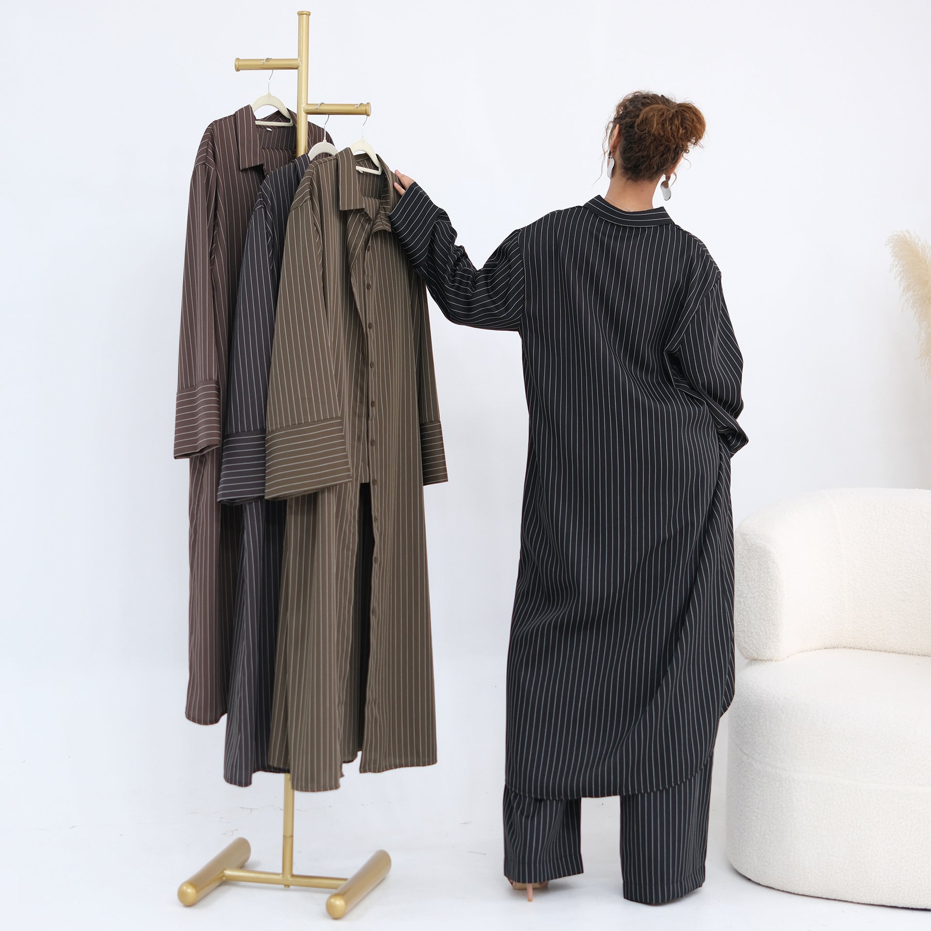 Pinstripe Oversized Shirt & Wide-Leg Trouser Set(MS452)