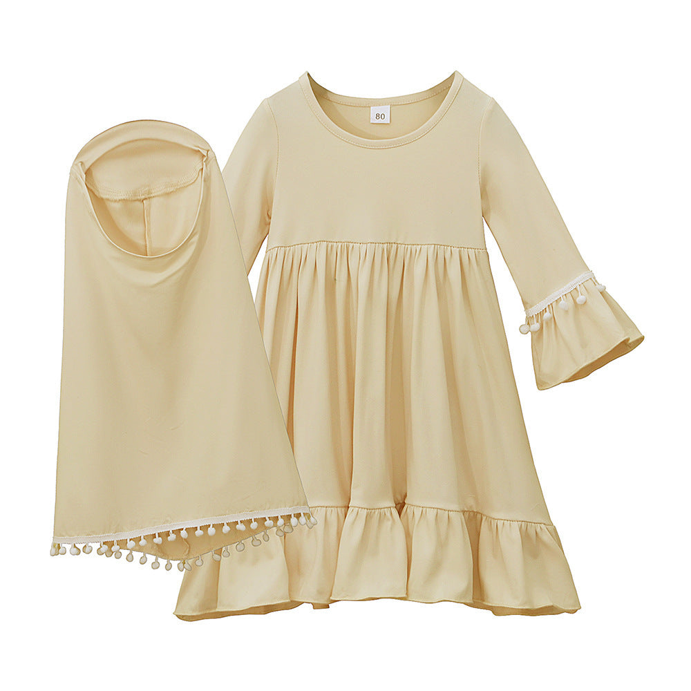 Girls Dress & Hijab Set with Pom-Pom Trim(MKG028)
