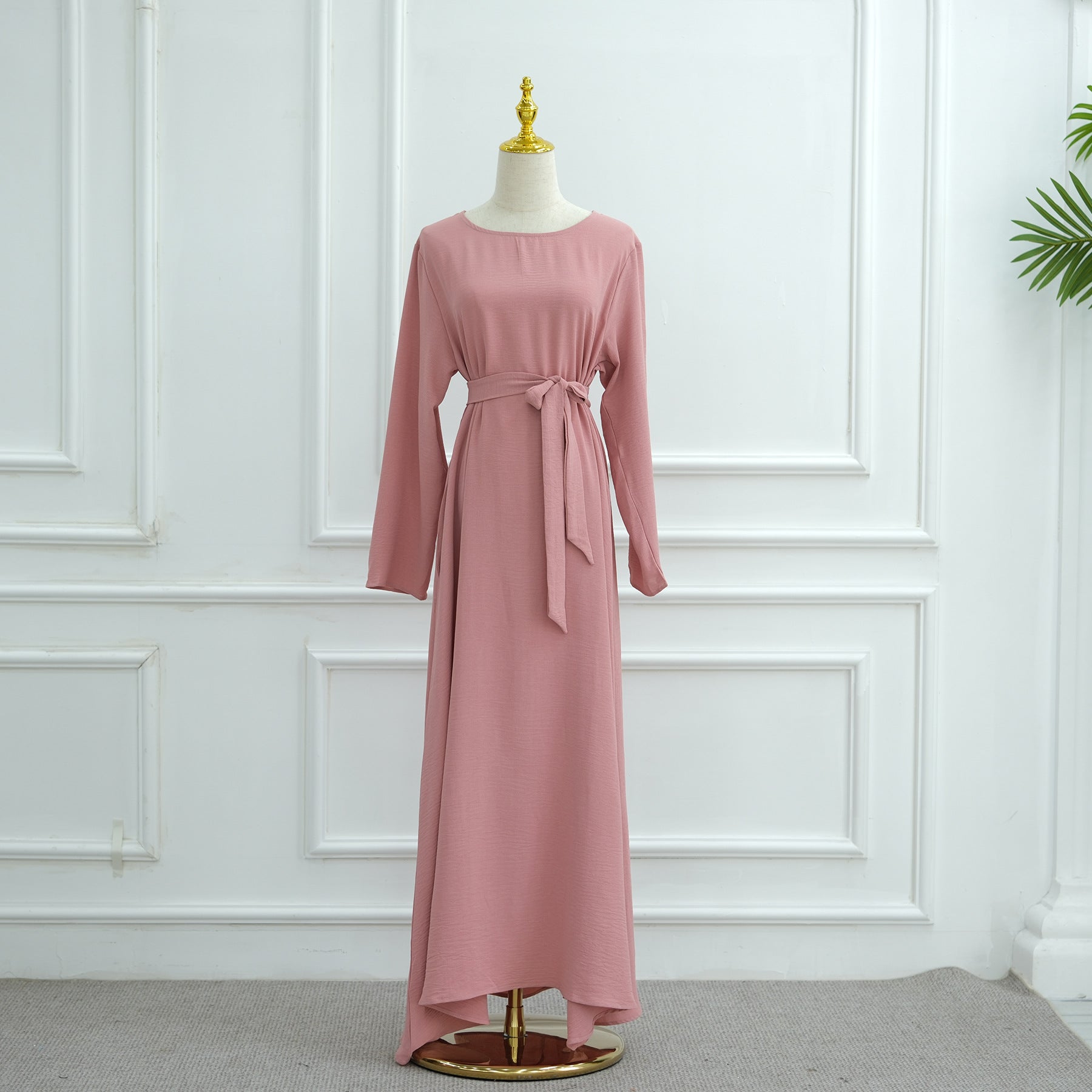 Ice Silk Crinkle Cape Set | 3-Piece Solid Color Abaya with Inner Dress & Belt(MA304)