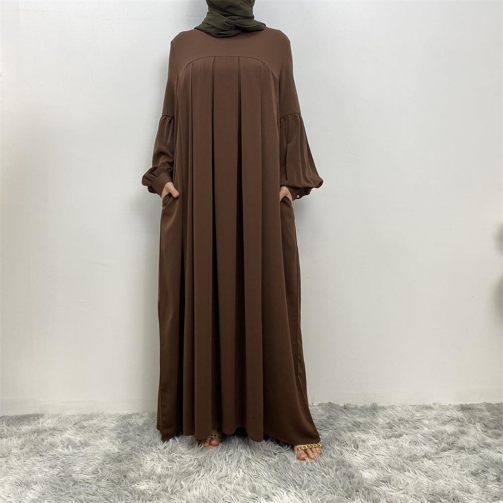 MA061 Round Neck Solid Color Ruffled Abaya With Pockets - Mariam's Collection