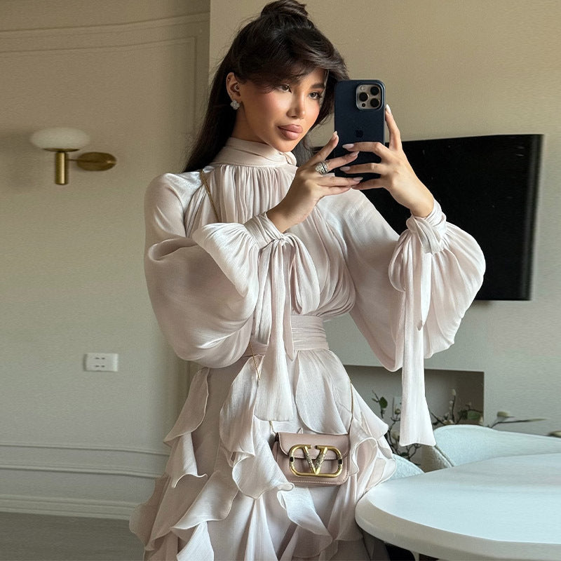 Cascading Ruffle Gown | High Neck Tie-Waist Maxi Dress(MS231)