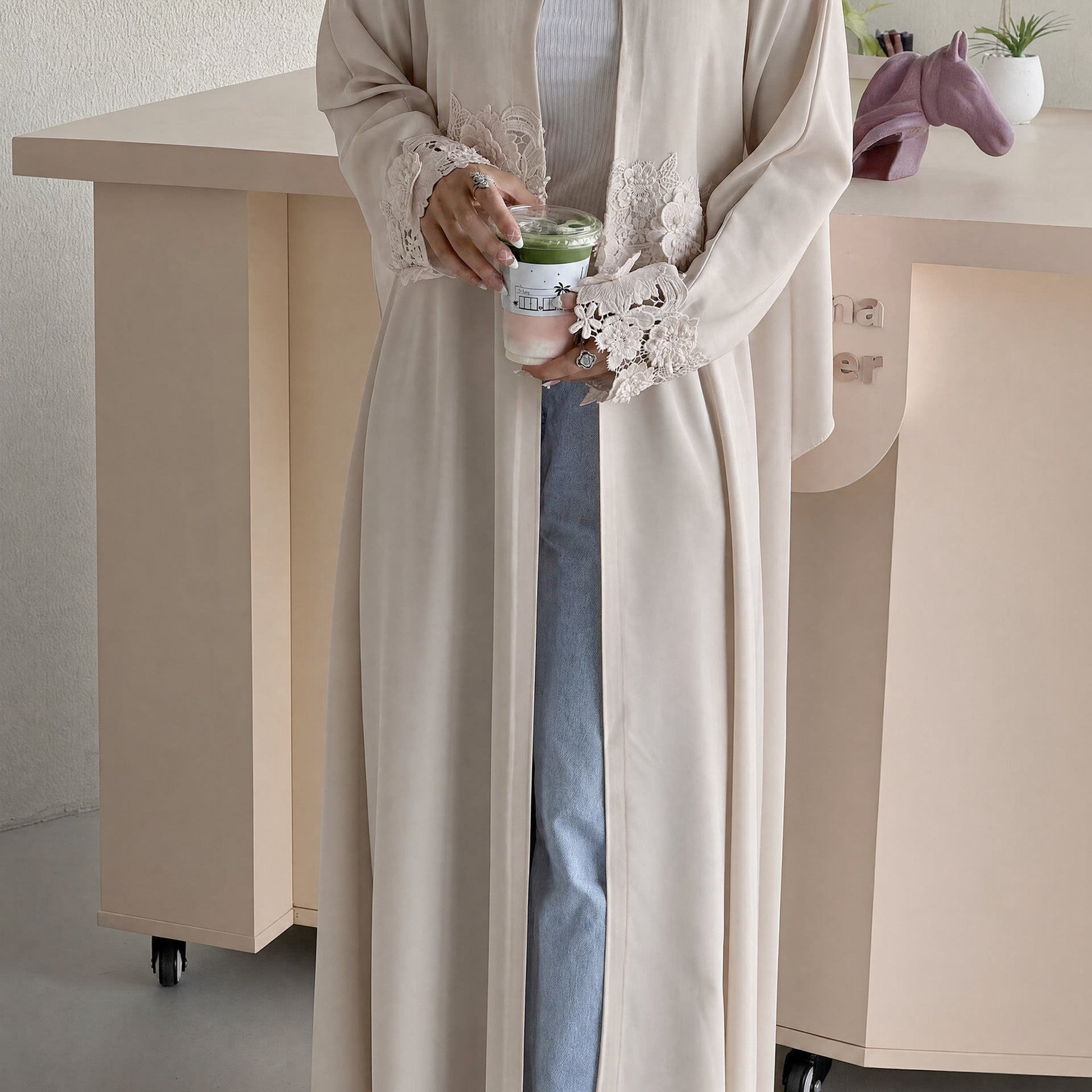 3D Floral Lace Trim Open Abaya(MOA336)