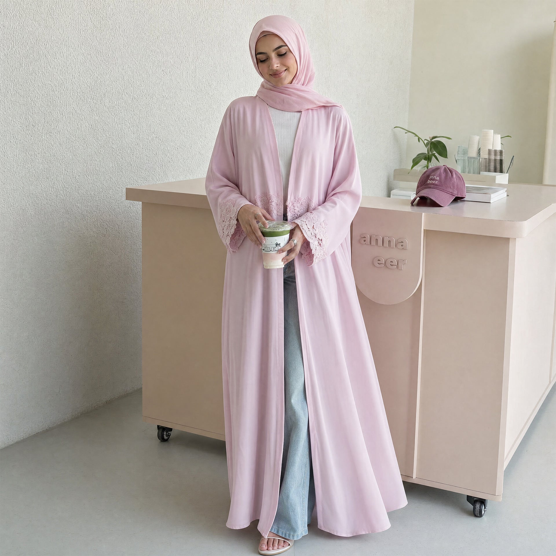 3D Floral Lace Trim Open Abaya(MOA336)