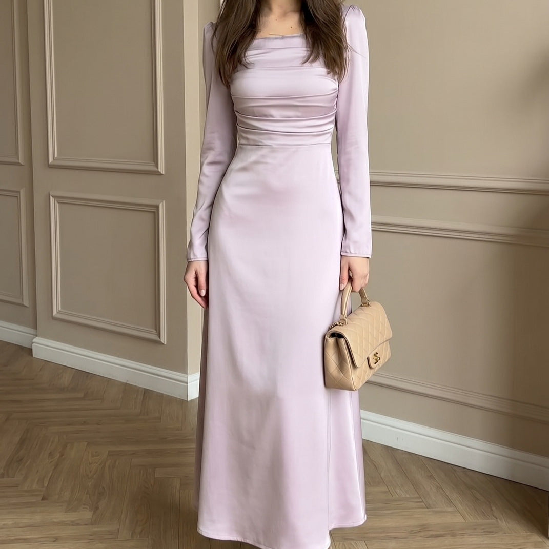 Ruched Bodice Satin Maxi Dress(MS446)