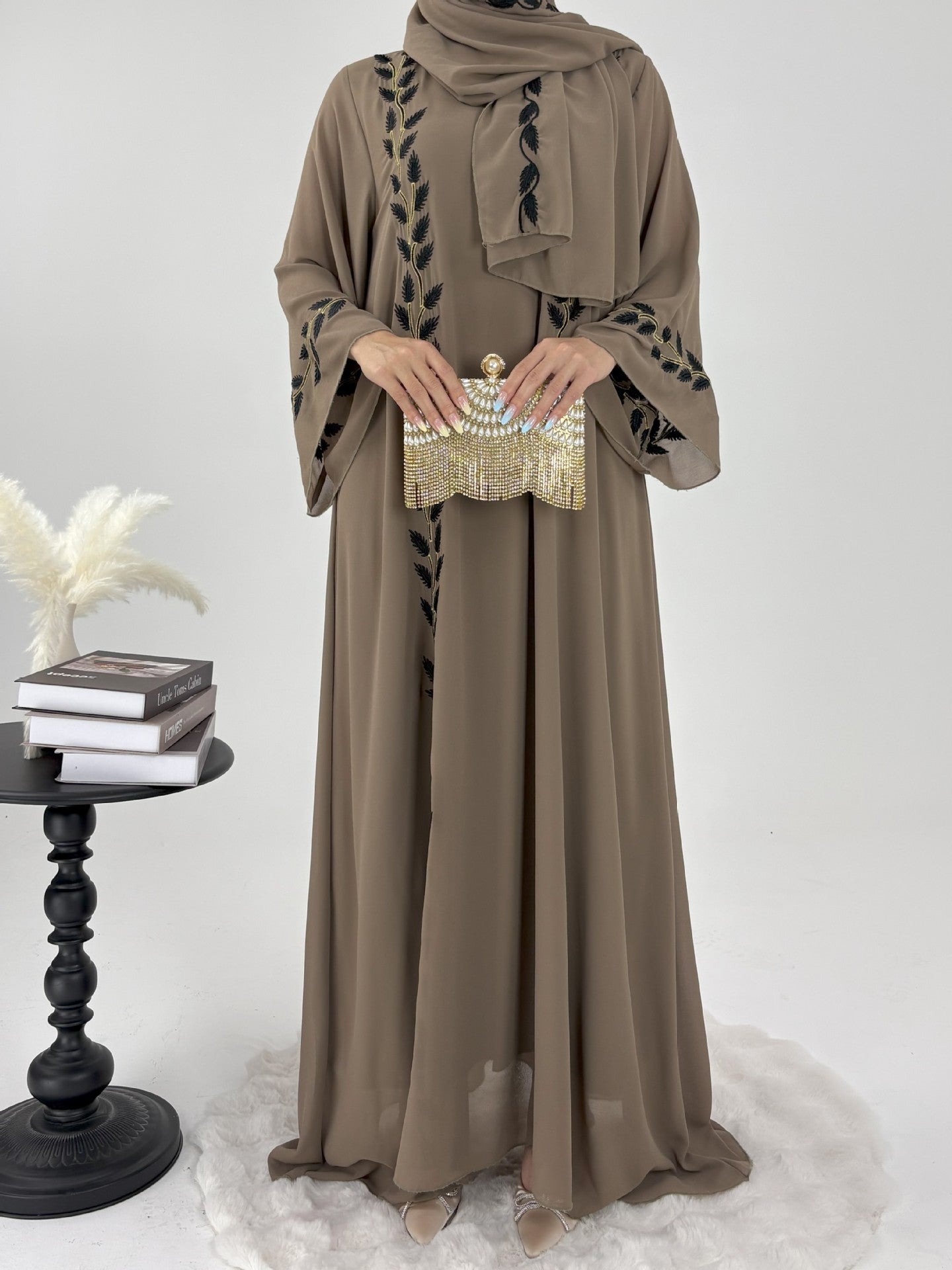 Embroidered Chiffon Bell Sleeve Pullover Maxi Dress Abaya with Matching Hijab 2-Piece Set(MA301)