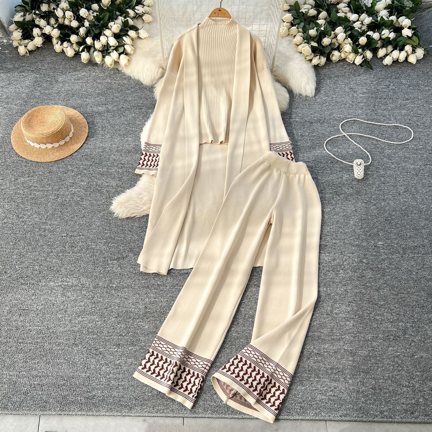 Geometric Jacquard-Trim Ribbed Knit 3-Piece Set(MS471)
