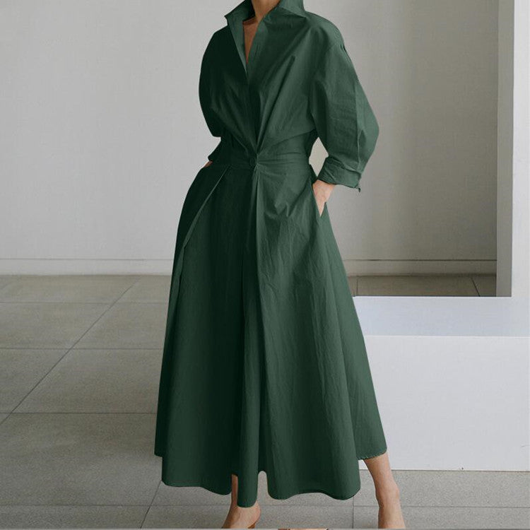 Cotton Linen Polo Collar Long Sleeve Maxi Dress(MS116)