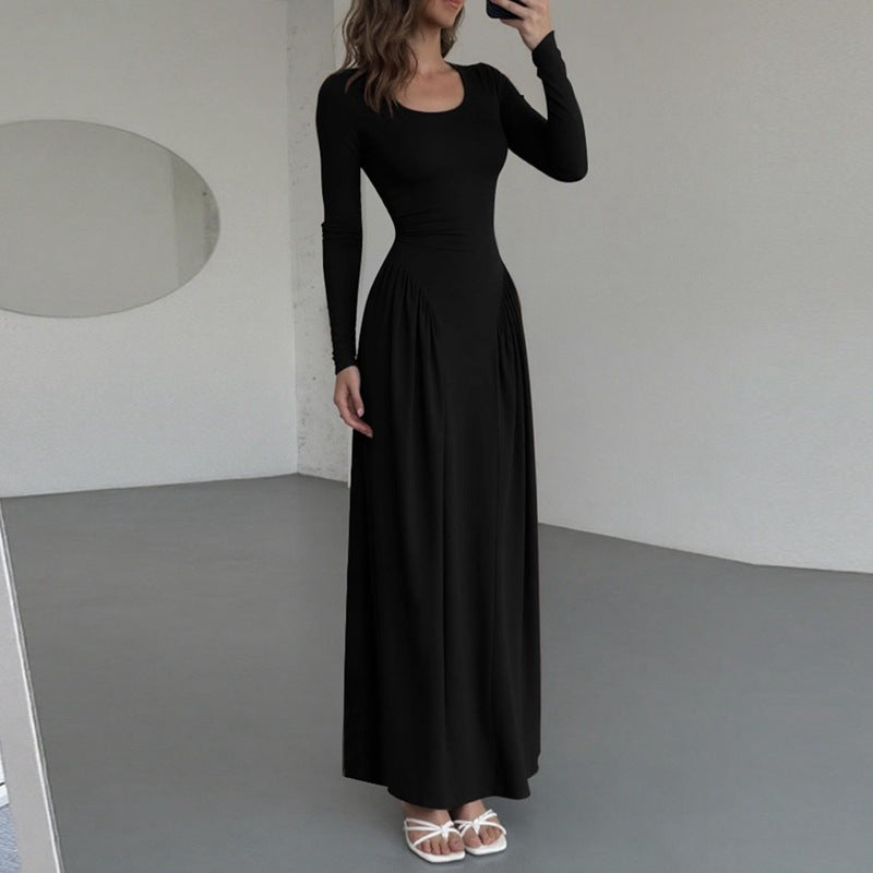 Gathered Waist Maxi Dress | U-Neck Long Sleeve Modal Dress(MS232)