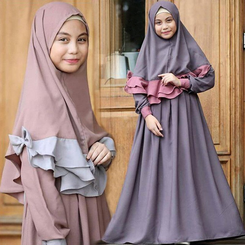 Girls Dress & Bow Hijab Set with Ruffle Trim(MKG026)