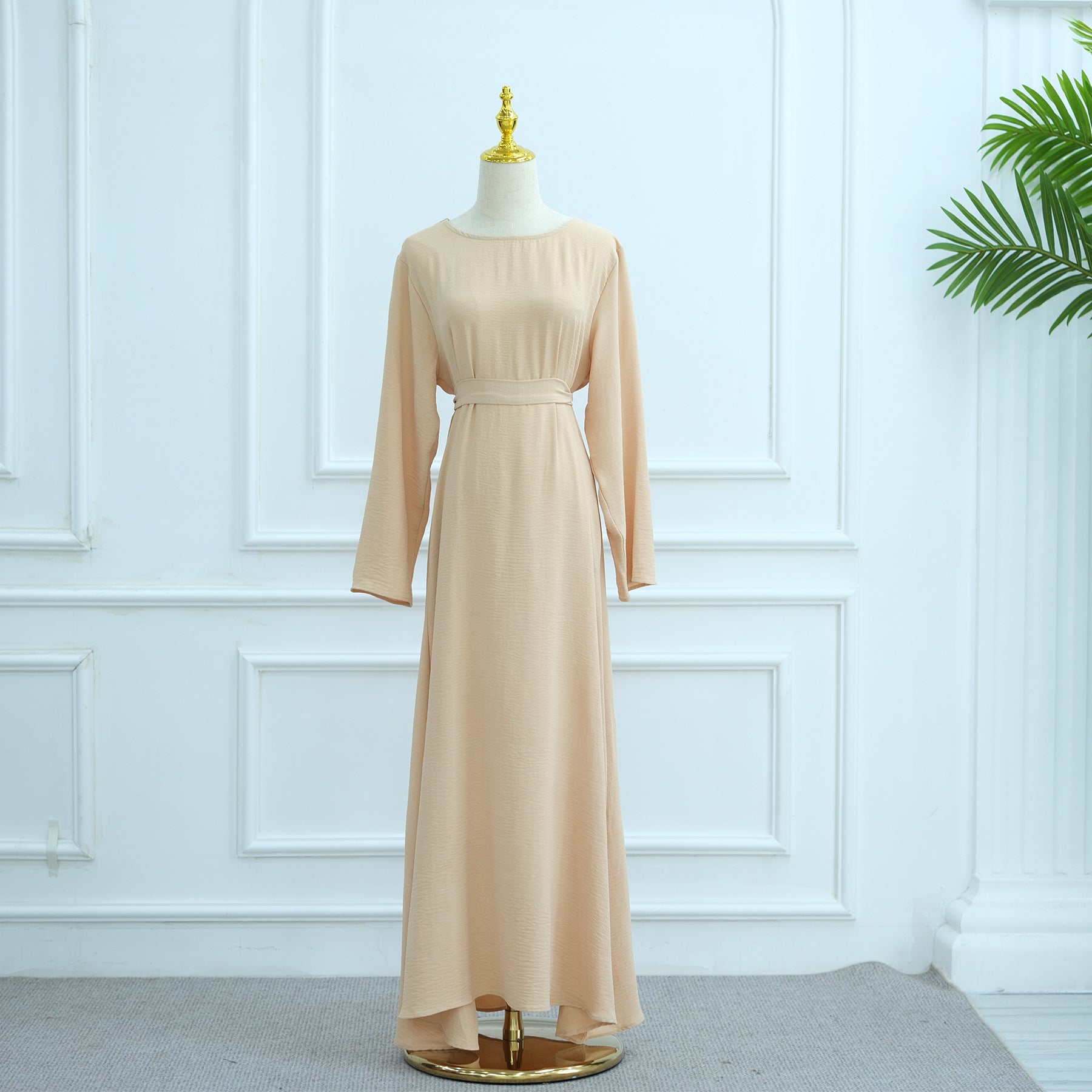 Ice Silk Crinkle Cape Set | 3-Piece Solid Color Abaya with Inner Dress & Belt(MA304)