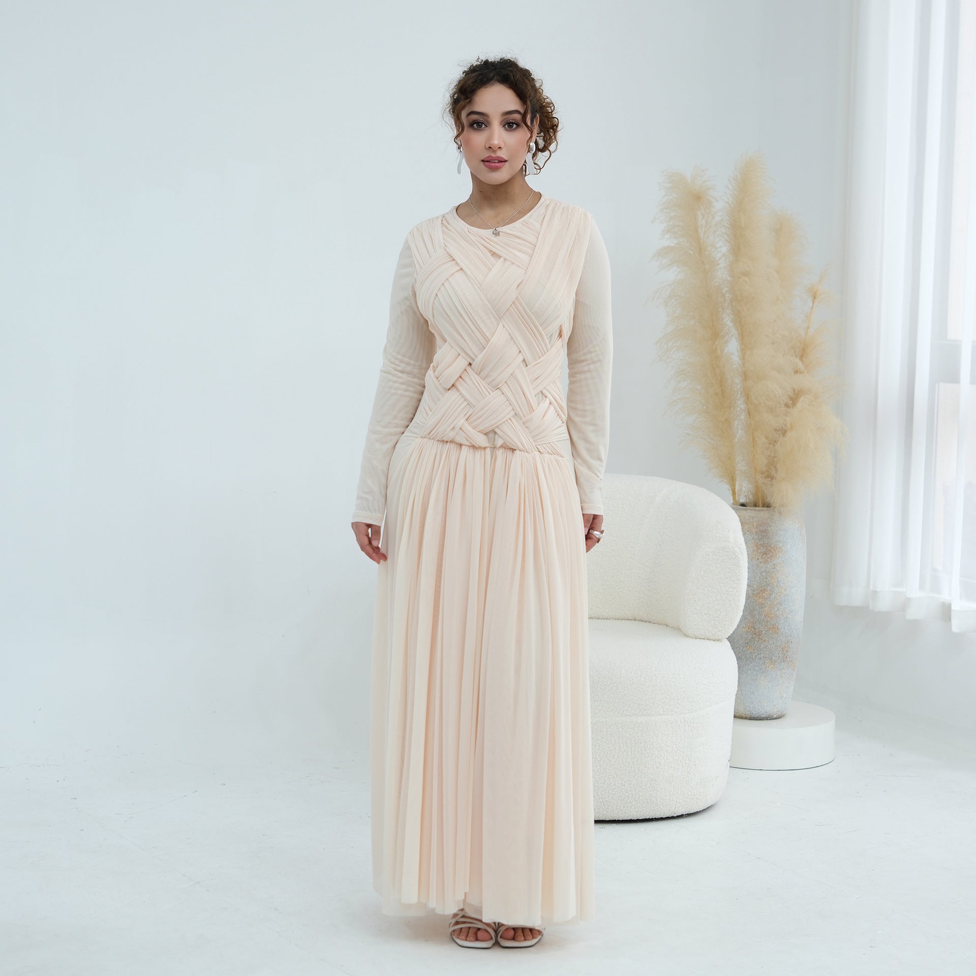 Woven Cross-Strap Bodice Mesh Maxi Dress(MS454)