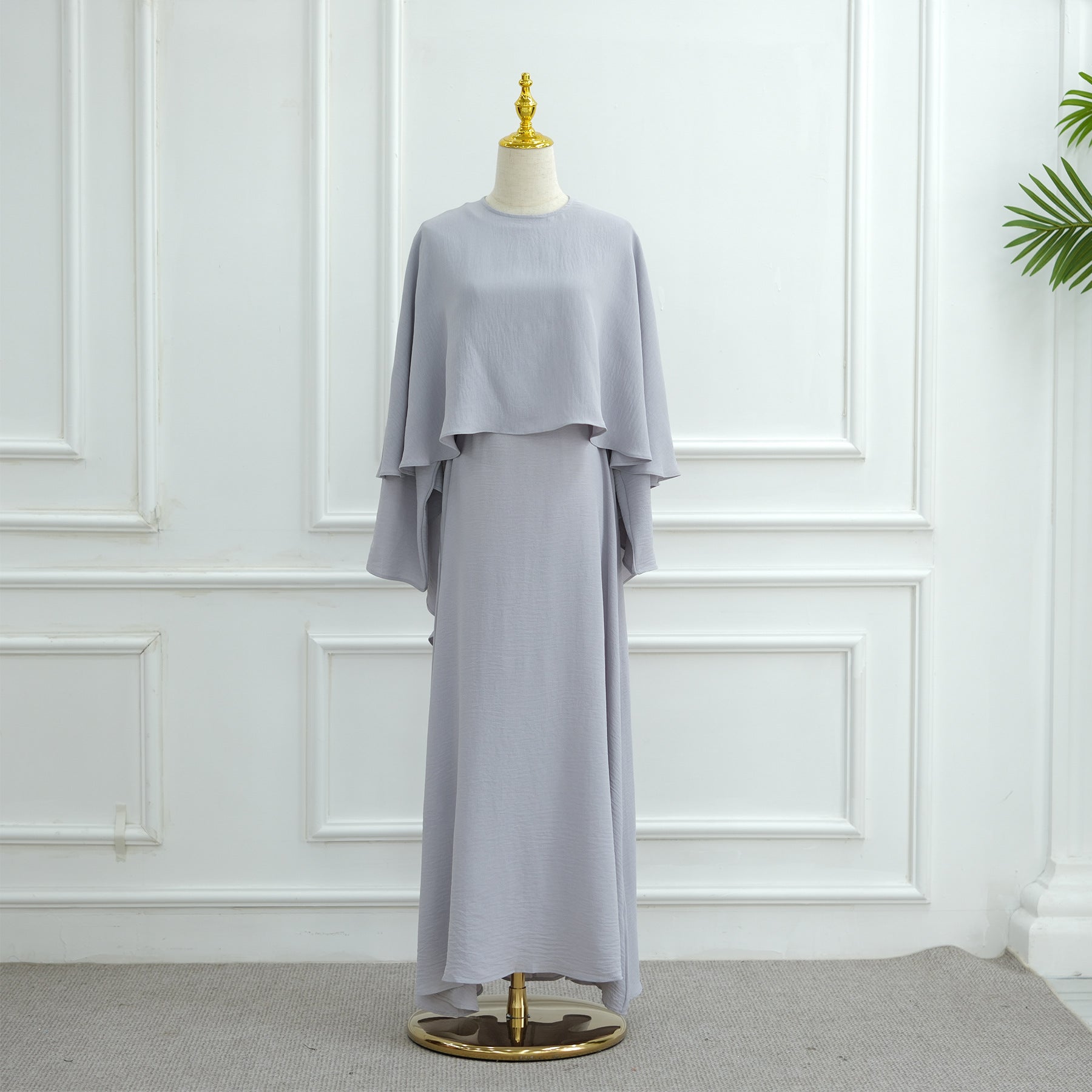 Ice Silk Crinkle Cape Set | 3-Piece Solid Color Abaya with Inner Dress & Belt(MA304)