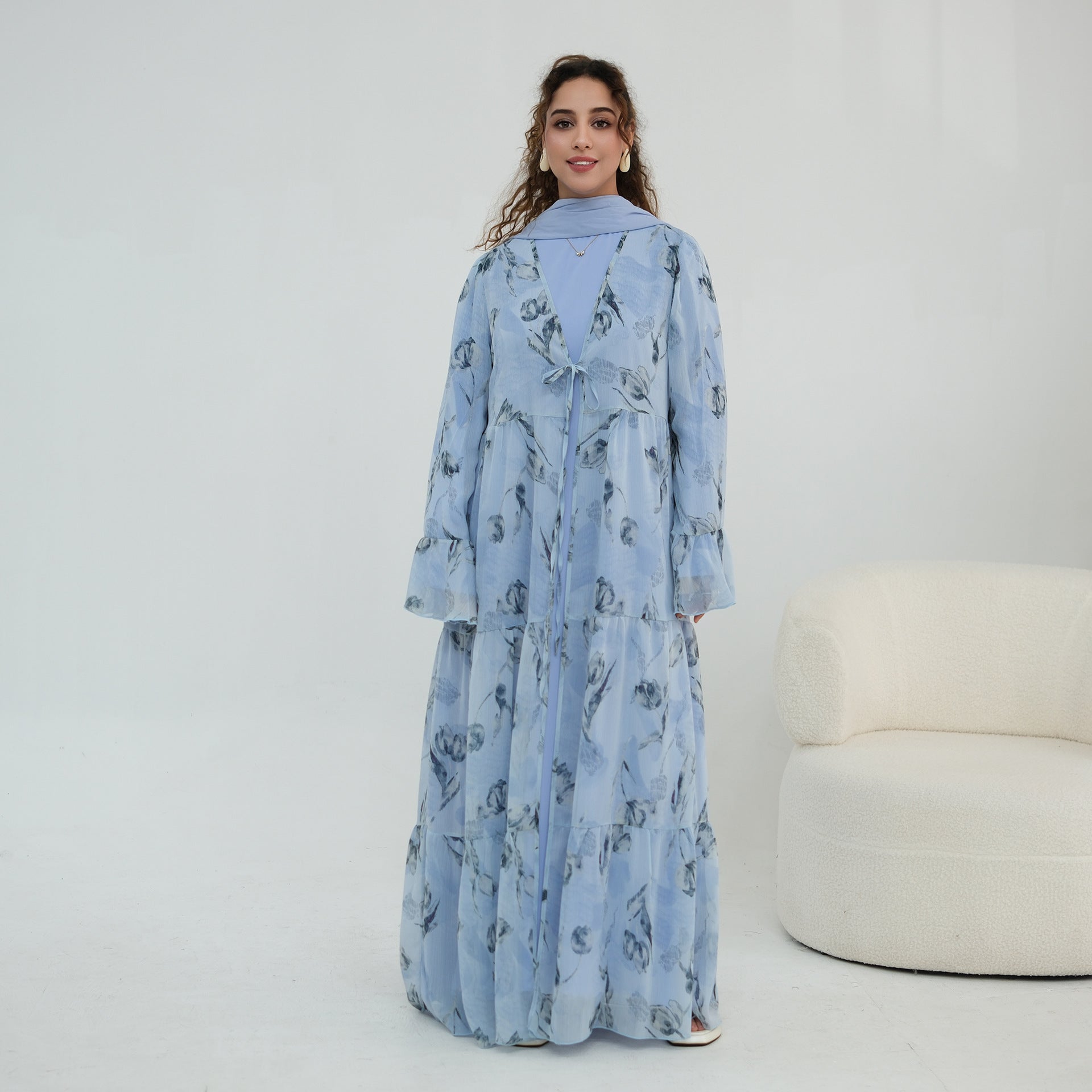 Chiffon Crinkle Flared Sleeve Tiered Open Abaya Set(MOA341)