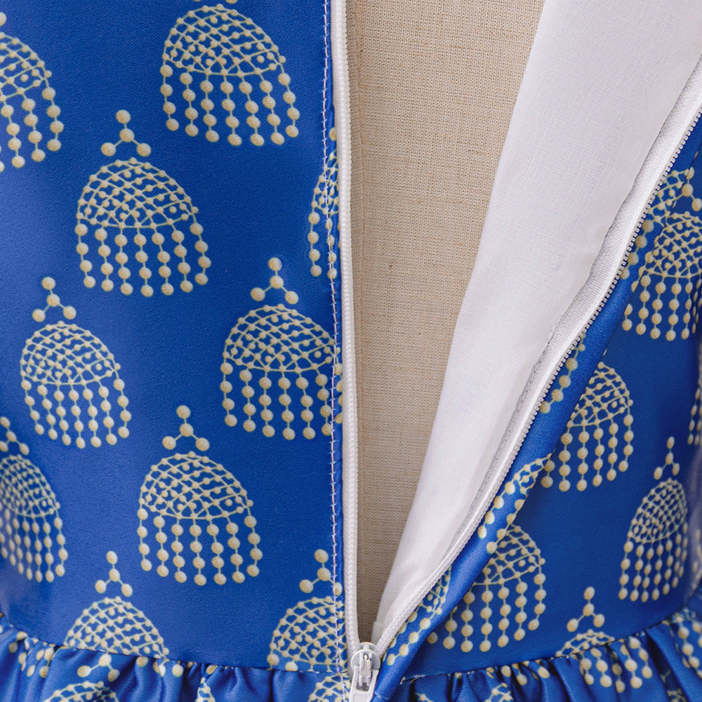 Girls Royal Blue Printed Kaftan Dress(MKG023)