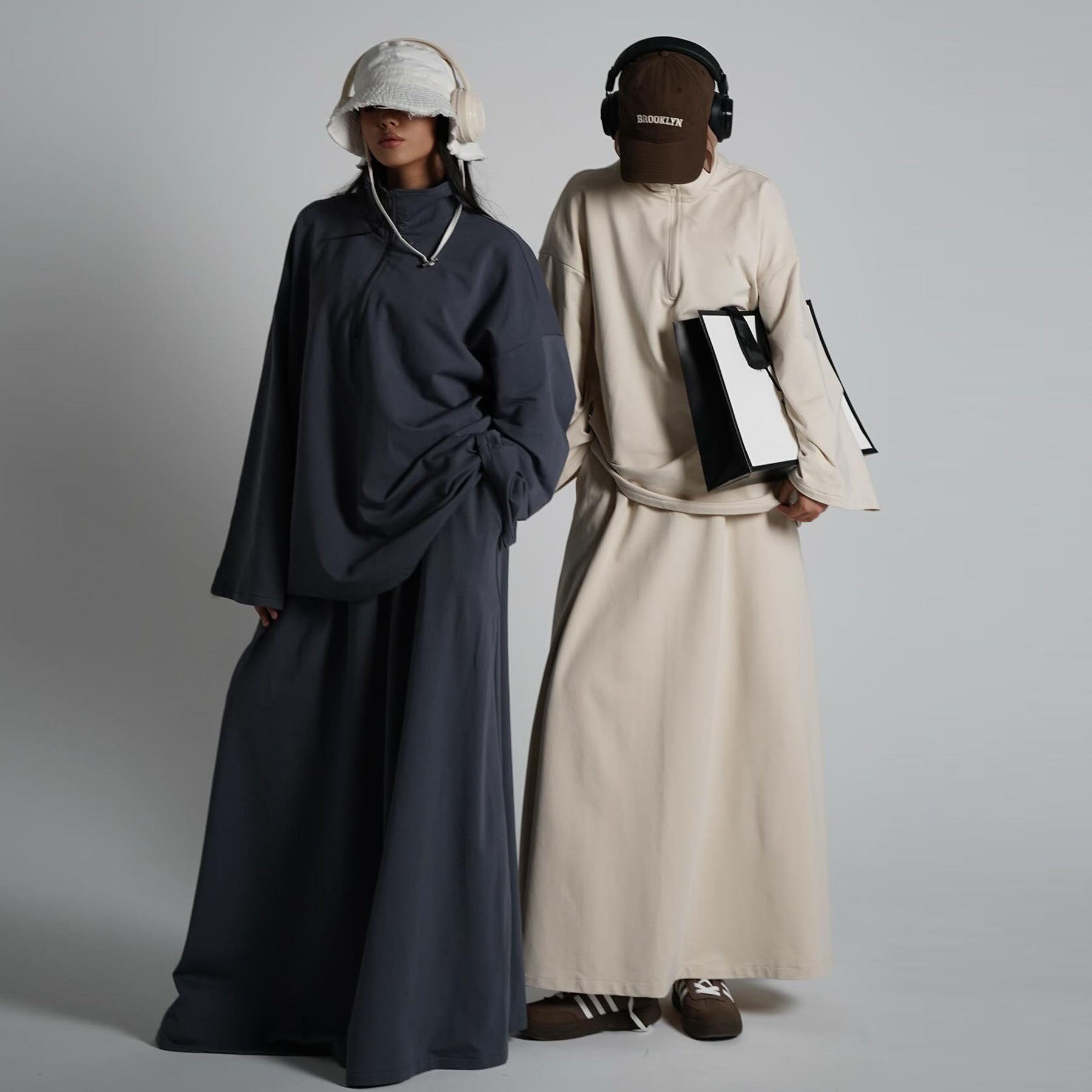 Cotton Half-Zip Top & Maxi Skirt Set(MS441)