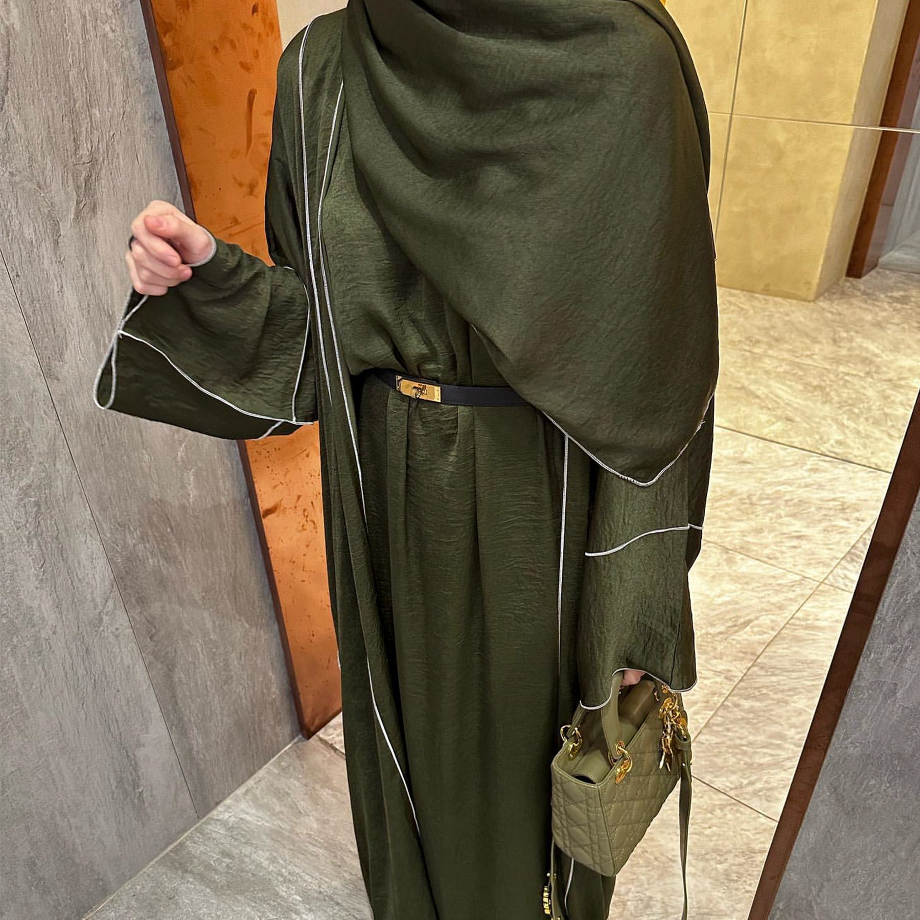 Solid Color Hooded Cardigan & Inner Dress Set - Modest Muslim Abaya Outfit with White Trim Detail(MOA209)