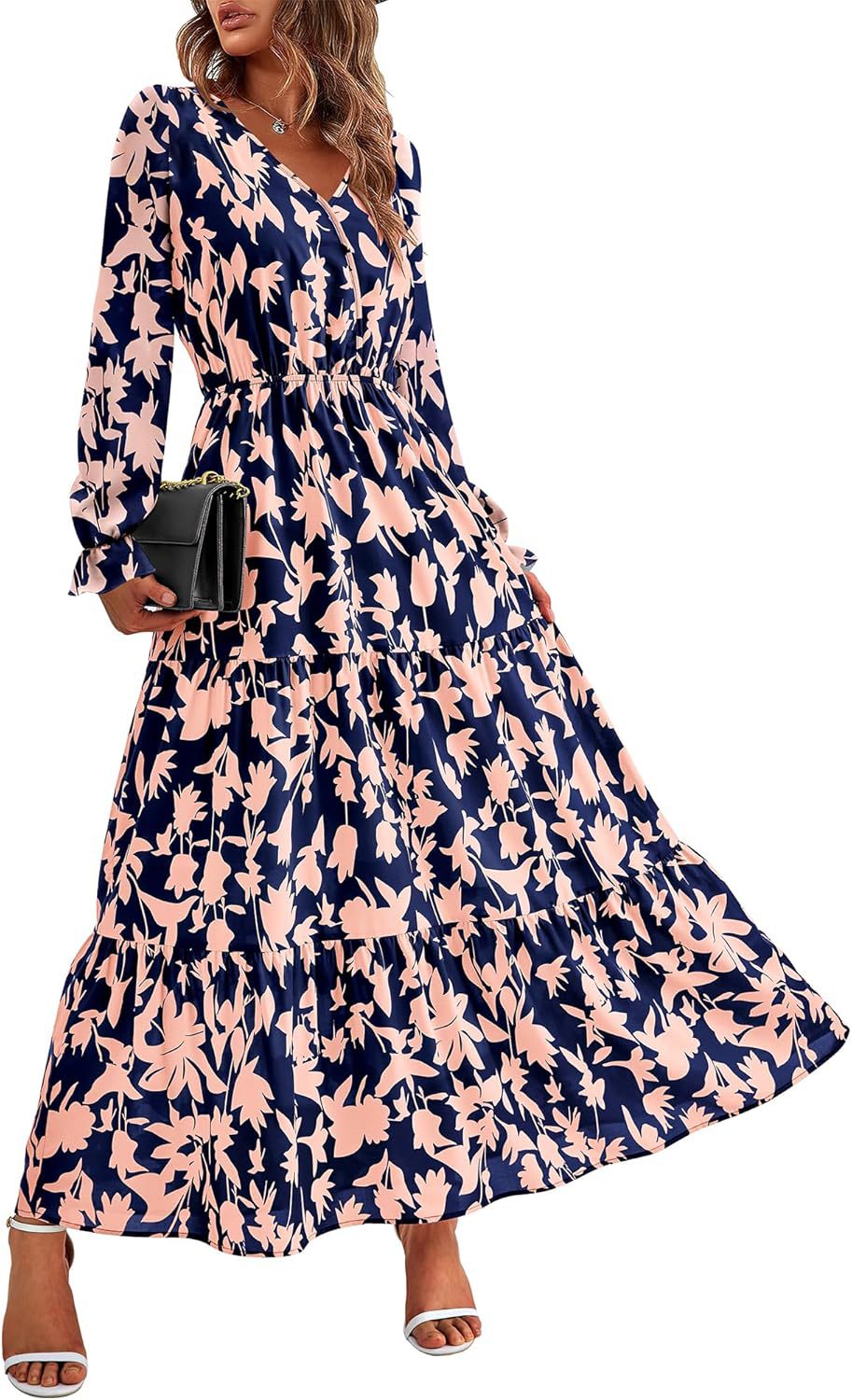 Floral Print V-Neck Midi Dress | Long Sleeve Elastic Waist Dress(MS271)