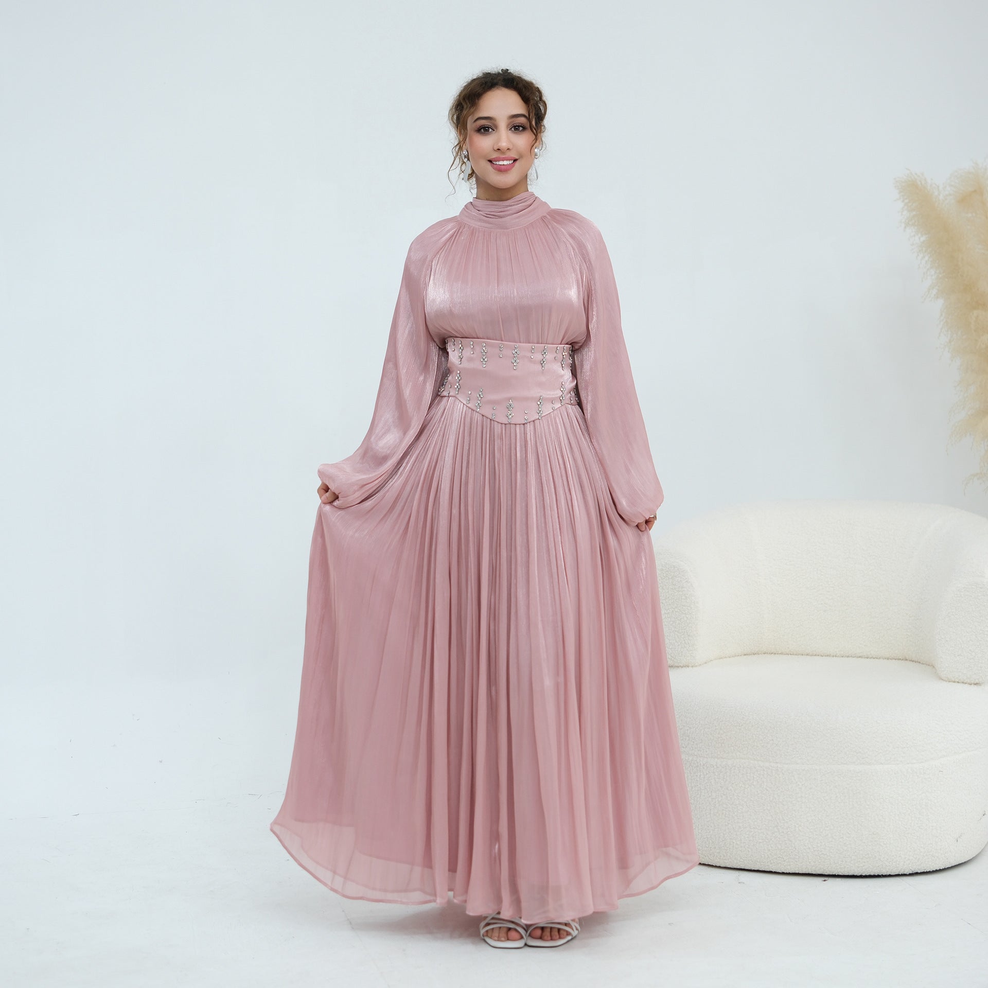 Crystal-Embellished Wide Belt Puff-Sleeve Maxi Dress(MS477)