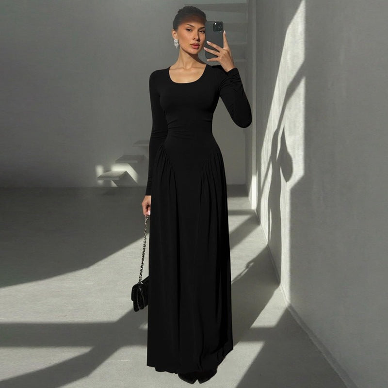 Gathered Waist Maxi Dress | U-Neck Long Sleeve Modal Dress(MS232)