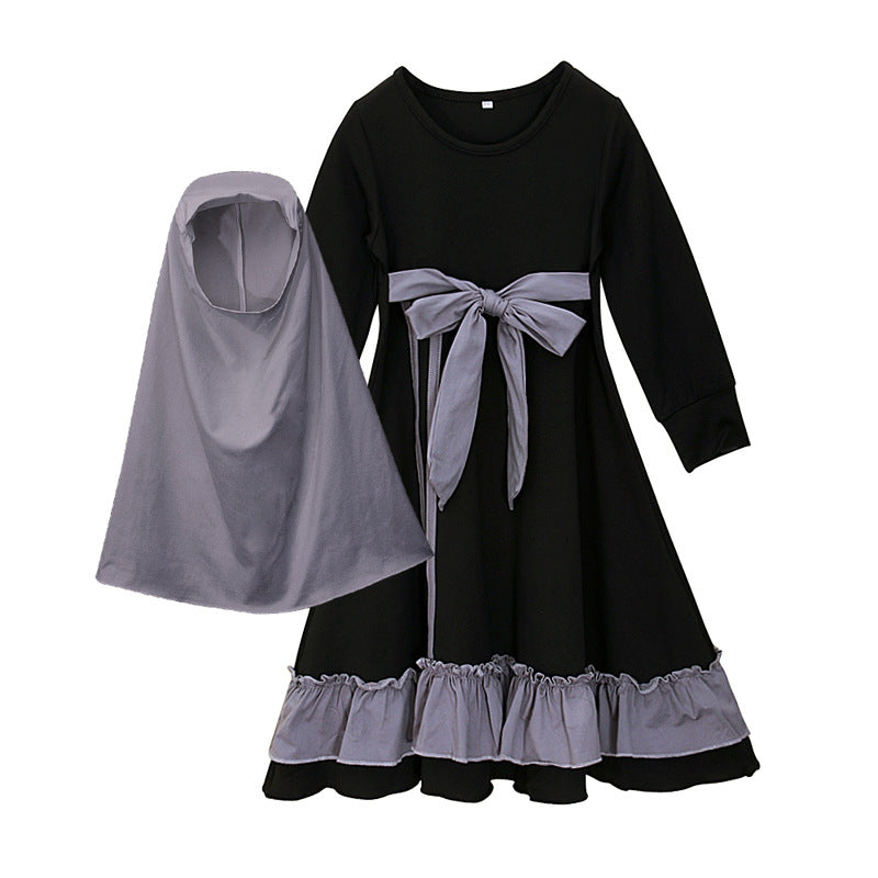 Girls Dress & Hijab Set with Contrast Trim(MKG025)
