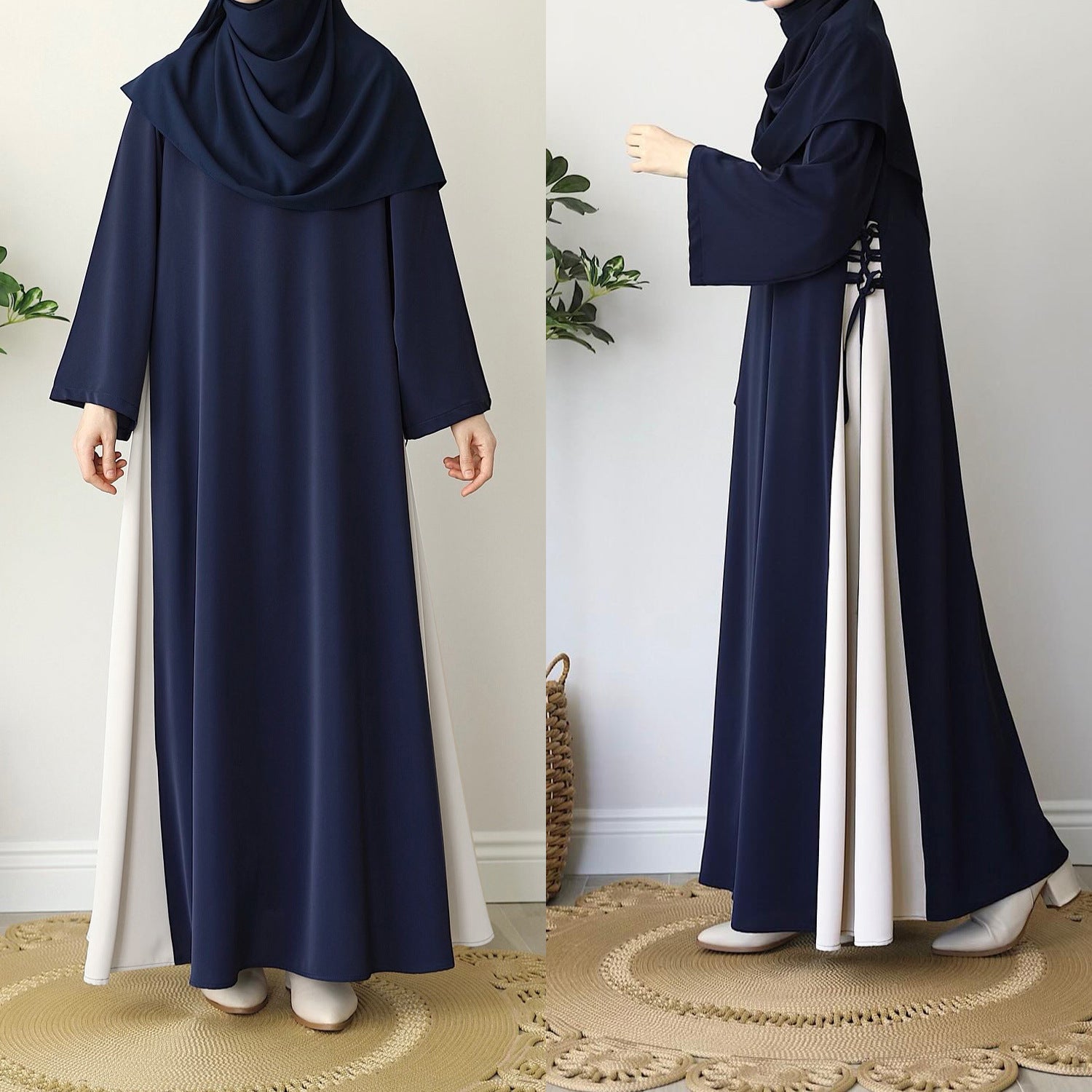 Colorblock Side-Tie Abaya | Two-Tone Round Neck Maxi Dress(MA362)