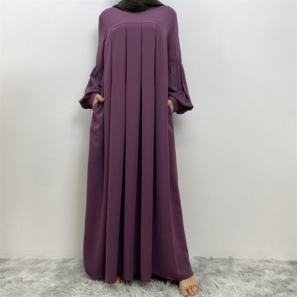 MA061 Round Neck Solid Color Ruffled Abaya With Pockets - Mariam's Collection