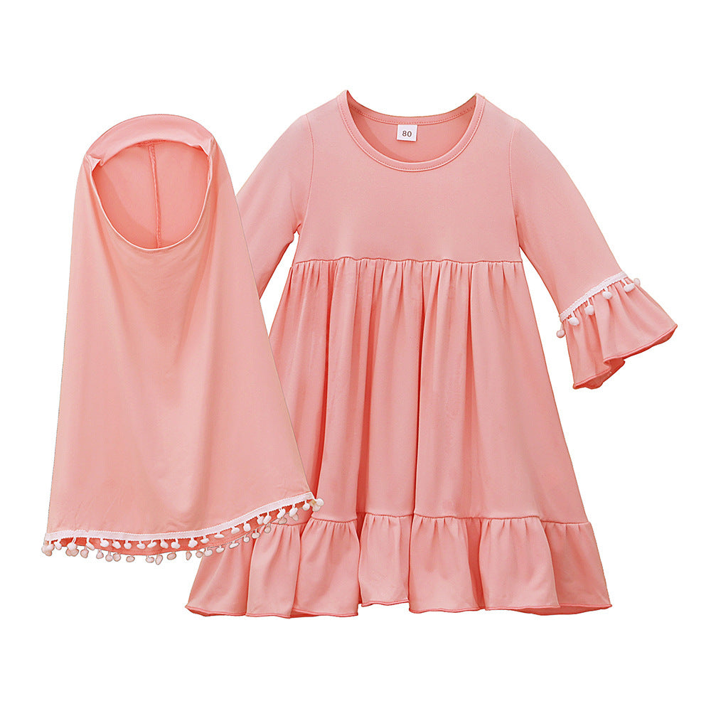 Girls Dress & Hijab Set with Pom-Pom Trim(MKG028)