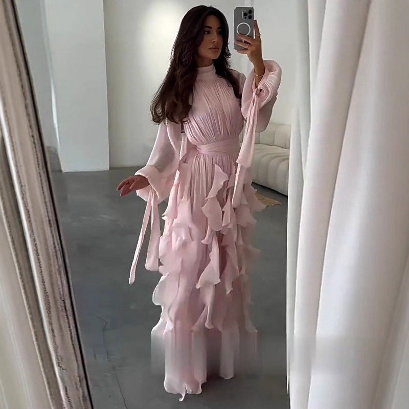 Cascading Ruffle Gown | High Neck Tie-Waist Maxi Dress(MS231)