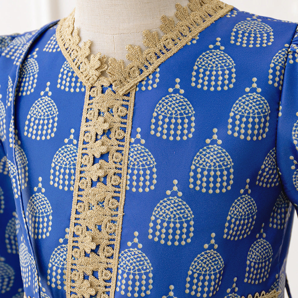 Girls Royal Blue Printed Kaftan Dress(MKG023)